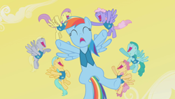 Size: 736x414 | Tagged: safe, edit, edited screencap, screencap, character:derpy hooves, character:dizzy twister, character:orange swirl, character:parasol, character:rainbow dash, character:rainbowshine, character:spring melody, character:sprinkle medley, character:sunshower raindrops, species:pegasus, species:pony, episode:winter wrap up, g4, my little pony: friendship is magic, female, flying, inverted mouth, lavender skies, mare, open mouth, singing, weather team, winter wrap up song, winter wrap up vest
