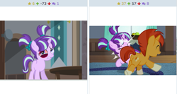 Size: 507x269 | Tagged: safe, edit, screencap, character:starlight glimmer, character:sunburst, species:pony, derpibooru, episode:the cutie re-mark, abuse, abuse edit, black eye, bump, colt, edgy, exploitable meme, filly, glimmerbuse, juxtaposition, juxtaposition win, male, meme, meta, op is a duck