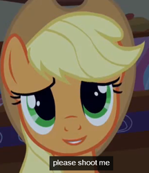 Size: 304x352 | Tagged: safe, edit, screencap, character:applejack, species:pony, episode:bridle gossip, g4, my little pony: friendship is magic, cropped, dissonant caption, female, inverted mouth, kill me, mare, meme, solo, text, youtube caption