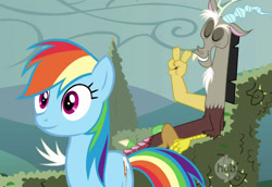 Size: 1475x1017 | Tagged: safe, edit, edited screencap, screencap, character:discord, character:rainbow dash, species:draconequus, species:pony, episode:the return of harmony, g4, my little pony: friendship is magic, canterlot hedge maze, cropped, duo, female, inverted mouth, male, mare, wingless