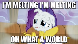 Size: 1920x1080 | Tagged: safe, edit, edited screencap, screencap, character:rarity, episode:applejack's day off, caption, i'm melting, image macro, melting, meme, prunity, pruny, the wizard of oz, wicked witch of the west