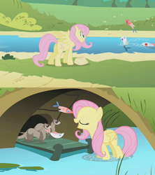 Size: 576x648 | Tagged: safe, edit, edited screencap, screencap, character:fluttershy, species:pegasus, species:pony, episode:dragonshy, episode:griffon the brush-off, g4, my little pony: friendship is magic, carnivore, circle of life, comic, comparison, dead, eyes closed, feeding, female, ferret, fish, fridge horror, implied murder, juxtaposition, mare, nature, open mouth, out of context, plot, screencap comic, smiling, you know for kids