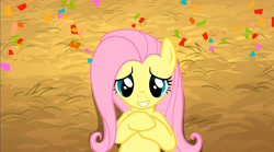 Size: 1274x709 | Tagged: safe, edit, screencap, character:fluttershy, species:pegasus, species:pony, episode:the last roundup, g4, my little pony: friendship is magic, bust, close-up, female, hooves to the chest, inverted mouth, mare, on back, smiling, solo