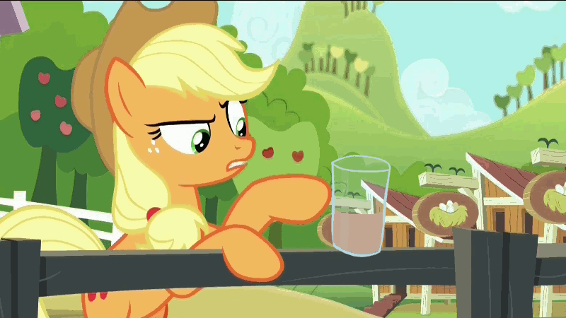 Size: 800x450 | Tagged: safe, edit, edited screencap, screencap, character:applejack, episode:applejack's day off, animated, chocolate milk, exploitable meme, female, frown, meme, poking, pure unfiltered evil, raised eyebrow, solo, spilled milk, talking, tempting fate, the ride never ends, this will end in spilled milk