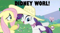 Size: 434x238 | Tagged: safe, edit, edited screencap, screencap, character:fluttershy, character:rarity, species:pony, species:unicorn, episode:a canterlot wedding, g4, my little pony: friendship is magic, derp, didney worl, duo, faec, female, hub logo