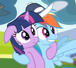 Size: 400x356 | Tagged: safe, edit, screencap, character:rainbow dash, character:twilight sparkle, character:twilight sparkle (unicorn), species:pegasus, species:pony, species:unicorn, episode:hurricane fluttershy, g4, my little pony: friendship is magic, baseball cap, cap, clothing, cropped, duo, female, hat, inverted mouth, mare, x x everywhere