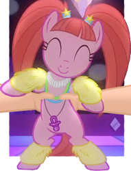 Size: 301x393 | Tagged: safe, edit, edited screencap, screencap, character:pacific glow, species:human, species:pony, episode:the saddle row review, g4, my little pony: friendship is magic, breaking the fourth wall, cute, eyes closed, glowbetes, hand, holding a pony, image macro, meme, offscreen character