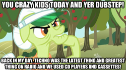 Size: 625x351 | Tagged: safe, edit, edited screencap, screencap, character:granny smith, episode:the super speedy cider squeezy 6000, g4, my little pony: friendship is magic, apple, apple tree, female, image macro, solo, sun visor, tree