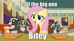 Size: 1280x720 | Tagged: safe, edit, edited screencap, screencap, character:fluttershy, character:mr. waddle, episode:the saddle row review, g4, my little pony: friendship is magic, caption, food, french fries, hay fries, image macro, marge vs the monorail, meme, parody, quote, raccoon, smoky, smoky jr., softpad, the simpsons
