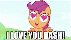 Size: 854x480 | Tagged: safe, edit, edited screencap, screencap, character:scootaloo, species:pegasus, species:pony, episode:lesson zero, g4, my little pony: friendship is magic, heart eyes, image macro, implied lesbian, implied scootadash, implied shipping, love, wingding eyes