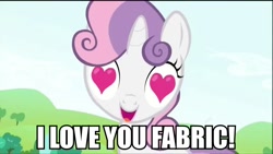 Size: 854x480 | Tagged: safe, edit, edited screencap, screencap, character:sweetie belle, episode:lesson zero, g4, my little pony: friendship is magic, crossing the memes, dumb fabric, heart, heart eyes, image macro, love, meme, subverted meme, want it need it