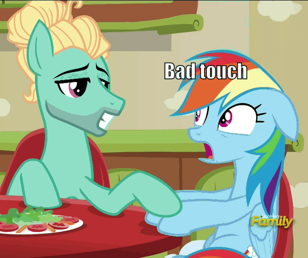 Size: 631x529 | Tagged: safe, edit, edited screencap, screencap, character:rainbow dash, character:zephyr breeze, species:pony, episode:flutter brutter, g4, my little pony: friendship is magic, animated, bad touch, discovery family logo, disturbed, foodfight!, forced shipping, jontron, meme, personal space invasion, stranger danger, surprised