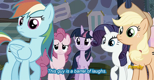 Size: 500x262 | Tagged: safe, edit, edited screencap, screencap, character:applejack, character:pinkie pie, character:rainbow dash, character:rarity, character:twilight sparkle, character:twilight sparkle (alicorn), species:alicorn, species:pony, episode:the cutie map, g4, my little pony: friendship is magic, animated, caption, image macro, meme, subtitles