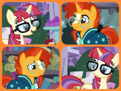 Size: 1023x767 | Tagged: safe, edit, edited screencap, screencap, character:moondancer, character:sunburst, ship:sundancer, beard, collage, crack shipping, cute, facial hair, glasses, looking back, love, open mouth, shipping, smiling