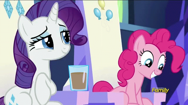 Size: 640x360 | Tagged: safe, edit, edited screencap, screencap, character:pinkie pie, character:rarity, episode:spice up your life, g4, my little pony: friendship is magic, animated, chocolate, chocolate milk, discovery family logo, everything is ruined, exploitable meme, meme, milk, spilled milk