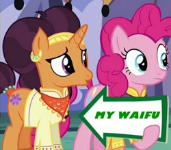Size: 941x823 | Tagged: safe, edit, edited screencap, screencap, character:pinkie pie, character:saffron masala, ship:saffronpie, episode:spice up your life, g4, my little pony: friendship is magic, female, implied shipping, lesbian, meme, pinkie pie's sign, pun, shipping, waifu