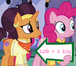 Size: 941x823 | Tagged: safe, edit, edited screencap, screencap, character:pinkie pie, character:saffron masala, episode:spice up your life, g4, my little pony: friendship is magic, exploitable meme, kisses, meme, pinkie pie's sign, sign, this will end in bits, this will end in kisses, worried