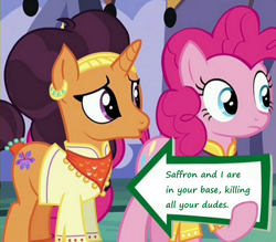 Size: 686x600 | Tagged: safe, edit, edited screencap, screencap, character:pinkie pie, character:saffron masala, episode:spice up your life, g4, my little pony: friendship is magic, exploitable meme, image macro, in ur base, meme, pinkie pie's sign