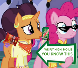 Size: 941x823 | Tagged: safe, derpibooru original, edit, edited screencap, screencap, character:pinkie pie, character:saffron masala, episode:spice up your life, g4, my little pony: friendship is magic, blunt, chips, deal with it, doritos, exploitable meme, food, jim jones, meme, mlg, mountain dew, pinkie pie's sign, smoking, song reference, sunglasses, we fly high