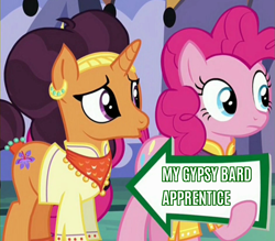 Size: 941x823 | Tagged: safe, edit, edited screencap, screencap, character:pinkie pie, character:saffron masala, friendship is witchcraft, episode:spice up your life, g4, my little pony: friendship is magic, apprentice, bard, caption, exploitable meme, fantasy class, gypsy bard, gypsy pie, meme, pinkie pie's sign, pointing, romani, sign, text