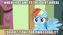 Size: 1920x1080 | Tagged: safe, edit, edited screencap, screencap, character:rainbow dash, episode:flutter brutter, g4, my little pony: friendship is magic, confused, image macro, impact font, meme, questioning, sexually confused, wingboner