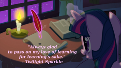 Size: 960x540 | Tagged: safe, edit, screencap, character:twilight sparkle, episode:owl's well that ends well, g4, my little pony: friendship is magic, book, candle, caption, feather, female, golden oaks library, magic, motivational, night, quill, quote, scroll, solo, telekinesis, text, writing