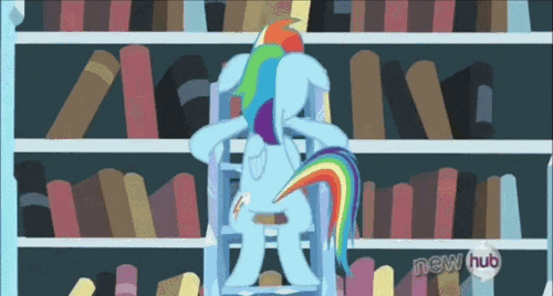 Size: 500x268 | Tagged: safe, edit, edited screencap, screencap, character:applejack, character:fluttershy, character:rainbow dash, episode:the crystal empire, g4, my little pony: friendship is magic, animated, book, bucking, grin, hub logo, ladder, library, looking down, smiling, throwing, tl;dr, windswept mane