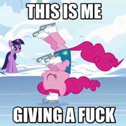 Size: 290x290 | Tagged: safe, edit, edited screencap, screencap, character:pinkie pie, character:twilight sparkle, episode:winter wrap up, g4, my little pony: friendship is magic, caption, clothing, cropped, duo, eyes closed, ice skates, ice skating, image macro, no fucks, skates, skating, standing, standing on one leg, upside down, vest, vulgar, winter wrap up vest