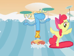 Size: 954x718 | Tagged: safe, edit, edited screencap, screencap, character:apple bloom, episode:the cutie pox, g4, my little pony: friendship is magic, beach, bipedal, happy tree friends, lumpy, lumpy bloom, plate spinning, shipping, surfboard, wave