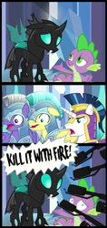 Size: 378x798 | Tagged: safe, edit, edited screencap, screencap, character:spike, character:thorax, species:changeling, episode:the times they are a changeling, g4, my little pony: friendship is magic, flamethrower, kill it with fire, pyro, screencap comic, spy, spycheck, team fortress 2, this will end in death, this will end in fire