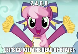 Size: 706x492 | Tagged: safe, edit, edited screencap, screencap, character:cheerilee, species:pony, episode:the cart before the ponies, g4, my little pony: friendship is magic, caption, cheerileeder, cheerleader, female, image macro, mare, meme, regicide, solo