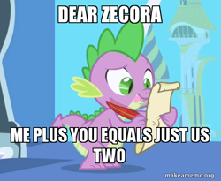 Size: 554x454 | Tagged: safe, edit, edited screencap, screencap, character:spike, character:zecora, species:dragon, episode:friendship is magic, g4, my little pony: friendship is magic, caption, image macro, letter, male, meme, quill, spike's love letters, tongue out