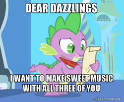 Size: 554x454 | Tagged: safe, edit, edited screencap, screencap, character:spike, species:dragon, episode:friendship is magic, g4, my little pony: friendship is magic, caption, image macro, letter, male, meme, quill, spike's love letters, the dazzlings, tongue out