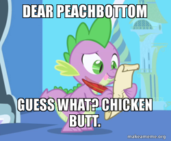 Size: 554x454 | Tagged: safe, edit, edited screencap, screencap, character:chickadee, character:ms. peachbottom, character:spike, species:dragon, episode:friendship is magic, g4, my little pony: friendship is magic, caption, image macro, letter, male, meme, quill, spike's love letters, tongue out