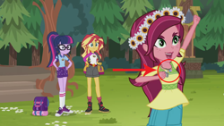 Size: 1280x720 | Tagged: safe, edit, edited screencap, screencap, character:gloriosa daisy, character:sunset shimmer, character:twilight sparkle, character:twilight sparkle (scitwi), species:eqg human, equestria girls:legend of everfree, g4, my little pony: equestria girls, my little pony:equestria girls, backpack, clothing, converse, geode of fauna, geode of shielding, geode of sugar bombs, geode of super speed, geode of super strength, magical geodes, shoes, sneakers, whistle