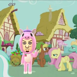 Size: 640x640 | Tagged: safe, edit, edited screencap, screencap, character:fluttershy, character:lyra heartstrings, character:quarter hearts, character:zephyr breeze, episode:flutter brutter, g4, my little pony: friendship is magic, clothing, link, mii, miitomo, pony costume, the legend of zelda