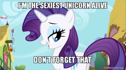 Size: 800x449 | Tagged: safe, edit, edited screencap, screencap, character:rarity, episode:the ticket master, g4, my little pony: friendship is magic, caption, female, image macro, meme, plot, sexiest pony alive, solo