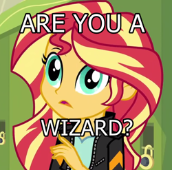 Size: 604x596 | Tagged: safe, edit, edited screencap, screencap, character:sunset shimmer, equestria girls:friendship games, g4, my little pony: equestria girls, my little pony:equestria girls, are you a wizard, canterlot high, caption, clothing, cropped, derp, faec, image macro, lockers, meme, text, text edit