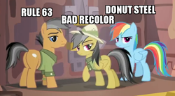 Size: 730x404 | Tagged: safe, edit, edited screencap, screencap, character:daring do, character:quibble pants, character:rainbow dash, species:earth pony, species:pegasus, species:pony, episode:stranger than fanfiction, caption, donut steel, female, image macro, impact font, male, mare, meme, meta, recolor, stallion