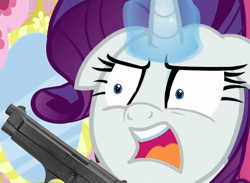 Size: 810x594 | Tagged: safe, edit, edited screencap, screencap, character:rarity, species:pony, species:unicorn, angry, beretta, bust, delet this, faec, female, floppy ears, frown, glare, glowing horn, gun, handgun, levitation, magic, mare, open mouth, pistol, portrait, solo, telekinesis, weapon, wide eyes