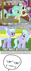 Size: 428x960 | Tagged: safe, edit, edited screencap, screencap, character:bon bon, character:cloudchaser, character:flitter, character:lyra heartstrings, character:sweetie drops, caption, image macro, meme, no fun allowed, op is a duck, op is trying to start shit, ponies standing next to each other