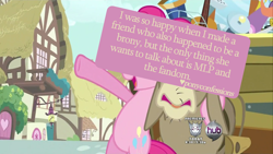 Size: 1280x720 | Tagged: safe, edit, edited screencap, screencap, character:cranky doodle donkey, character:pinkie pie, species:donkey, species:earth pony, species:pony, episode:a friend in deed, g4, my little pony: friendship is magic, meta, pony confession, ponyville, text
