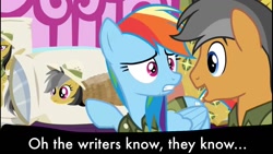 Size: 1334x750 | Tagged: safe, edit, edited screencap, screencap, character:daring do, character:quibble pants, character:rainbow dash, episode:stranger than fanfiction, body pillow, caption, daring daki, frown, gritted teeth, image macro, meme, open mouth, pointing, rope, smiling, they know, tied up, wide eyes