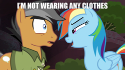 Size: 1280x720 | Tagged: safe, edit, edited screencap, screencap, character:quibble pants, character:rainbow dash, ship:quibbledash, episode:stranger than fanfiction, female, image macro, male, meme, rainbow dash seduces quibble pants, shipping, straight, we don't normally wear clothes
