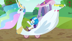Size: 1280x720 | Tagged: safe, edit, edited screencap, screencap, character:princess celestia, character:rarity, episode:the cart before the ponies, g4, my little pony: friendship is magic, cart, discovery family logo, swanlestia, swanlestia cart, wat, what has science done