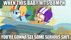 Size: 800x450 | Tagged: safe, edit, edited screencap, screencap, character:rainbow dash, character:scootaloo, species:pegasus, species:pony, episode:the cart before the ponies, g4, my little pony: friendship is magic, back to the future, caption, helmet, image macro, meme, movie quote, vulgar