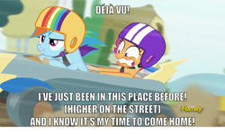 Size: 2000x1188 | Tagged: safe, edit, edited screencap, screencap, character:rainbow dash, character:scootaloo, species:pegasus, species:pony, episode:the cart before the ponies, g4, my little pony: friendship is magic, caption, deja vu, image macro, initial d, meme, song reference
