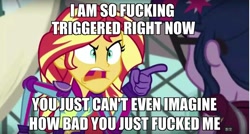 Size: 1280x687 | Tagged: safe, edit, edited screencap, screencap, character:sunset shimmer, character:twilight sparkle, character:twilight sparkle (scitwi), species:eqg human, equestria girls:friendship games, g4, my little pony: equestria girls, my little pony:equestria girls, angry, caption, exploitable meme, frown, glare, image macro, meme, open mouth, pointing, sunset yells at twilight, triggered, vulgar