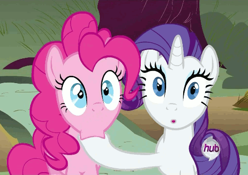 Size: 509x360 | Tagged: safe, edit, edited screencap, screencap, character:pinkie pie, character:rarity, species:earth pony, species:pony, species:unicorn, episode:putting your hoof down, g4, my little pony: friendship is magic, :o, animated, dancing logo, duo, female, gif, hoof sucking, hub logo, looking at you, mare, marshmallow, nom, out of context, rarity is a marshmallow, wide eyes