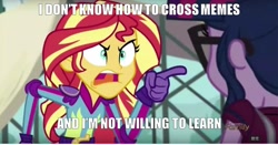 Size: 1280x672 | Tagged: safe, edit, edited screencap, screencap, character:sunset shimmer, character:twilight sparkle, character:twilight sparkle (scitwi), species:eqg human, equestria girls:friendship games, g4, my little pony: equestria girls, my little pony:equestria girls, caption, crossing the memes, exploitable meme, image macro, meme, sunset is not willing to learn, sunset yells at twilight